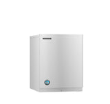 A stainless steel, rectangular Serenity Ice Maker with a smooth front, small lock near the bottom, and black Hoshizaki logo on the upper corner produces crescent cubes. The appliance stands alone against a white background.