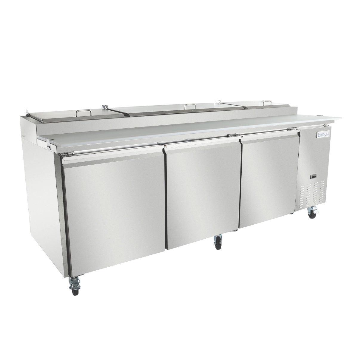 A large stainless steel refrigerated prep table with three doors and wheels. The unit features a flat workspace on top with covered compartments, ideal for preparing and storing food ingredients in a professional kitchen setting.