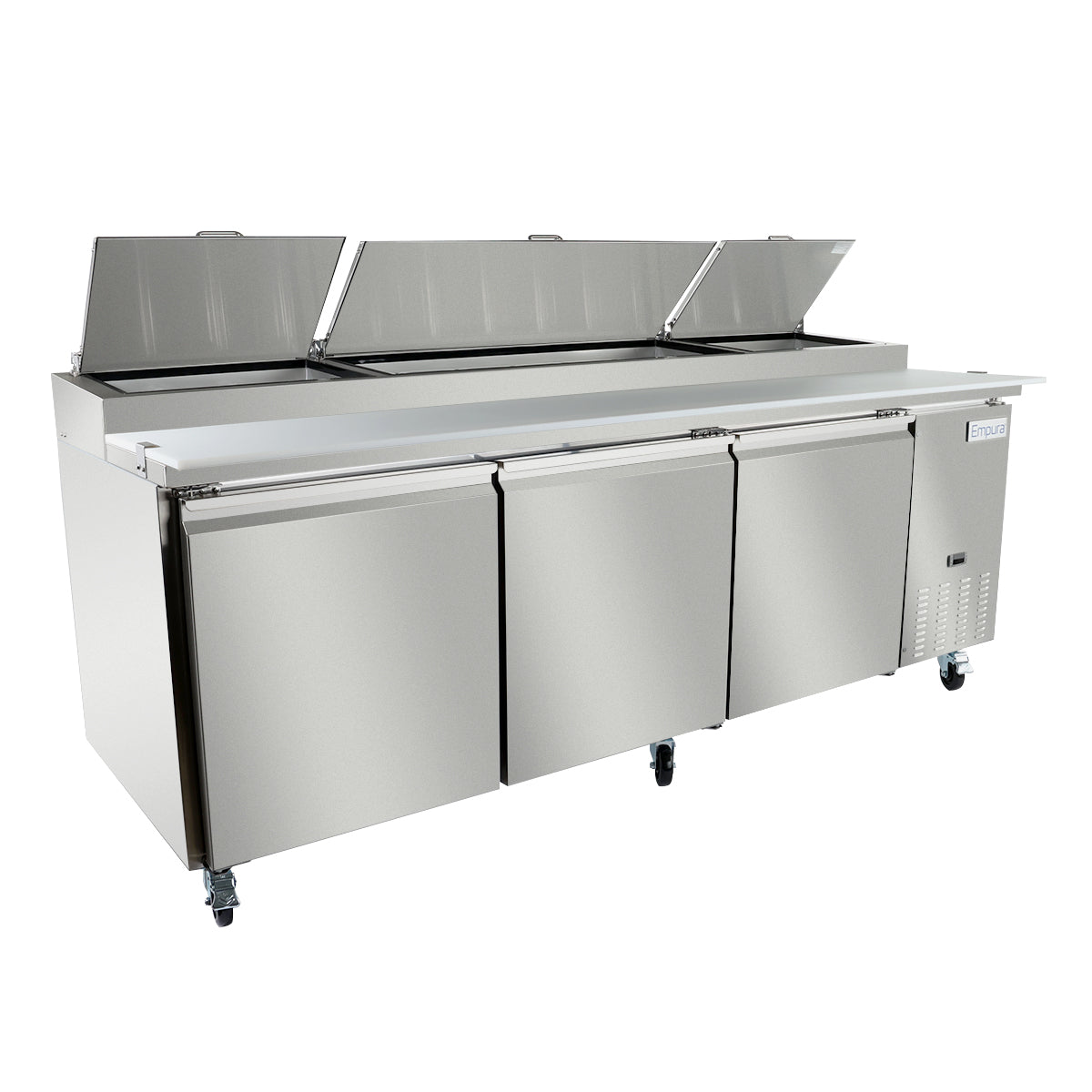 A large commercial stainless steel refrigerated prep table with three doors, top-open compartments with lids, a cutting board surface, and wheels for mobility. The sleek, industrial design is ideal for restaurant kitchens or as a pizza prep table.
