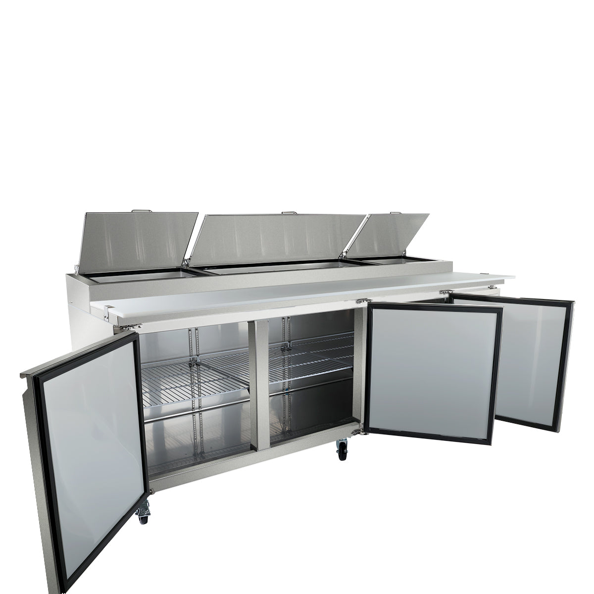 A stainless steel refrigerated prep table with three open top lids revealing storage compartments and three lower doors open to show wire shelves inside. This pizza prep table is on wheels, perfect for any busy kitchen or restaurant use.