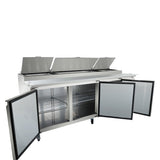 A stainless steel refrigerated prep table with three open top lids revealing storage compartments and three lower doors open to show wire shelves inside. This pizza prep table is on wheels, perfect for any busy kitchen or restaurant use.