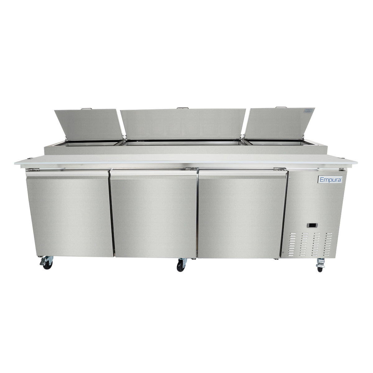 A large stainless steel refrigerated prep table with three doors and lift-up top lids. The Empura unit features wheels for easy mobility and a vented section on the right front, ideal for kitchen or food prep use.