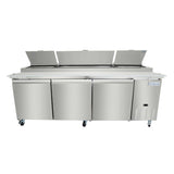 A large stainless steel refrigerated prep table with three doors and lift-up top lids. The Empura unit features wheels for easy mobility and a vented section on the right front, ideal for kitchen or food prep use.