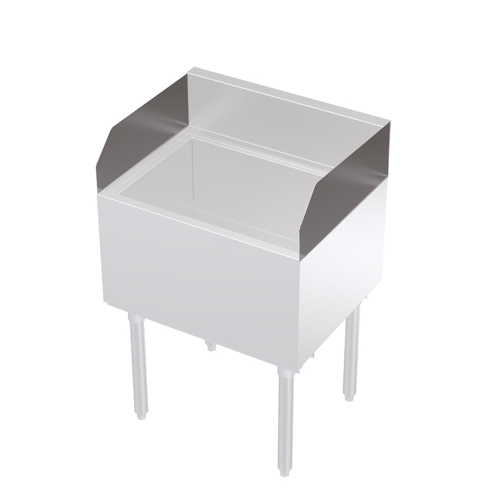 A Krowne KR-303 stainless steel commercial ice bin with four tall legs, an open top, and Royal Series Side Splash raised panels. This rectangular bin is designed for holding ice in bar or restaurant settings. Plain white background.