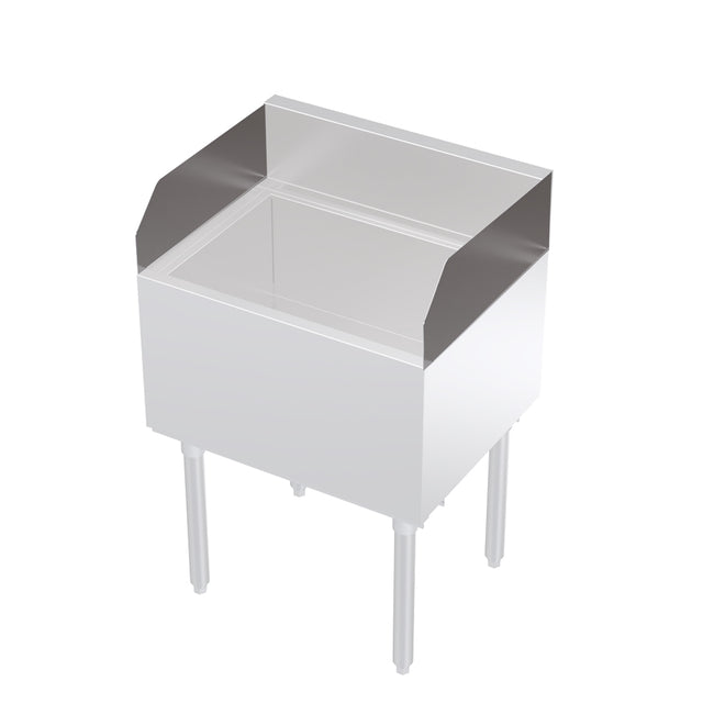 A Krowne KR-303 stainless steel commercial ice bin with four tall legs, an open top, and Royal Series Side Splash raised panels. This rectangular bin is designed for holding ice in bar or restaurant settings. Plain white background.