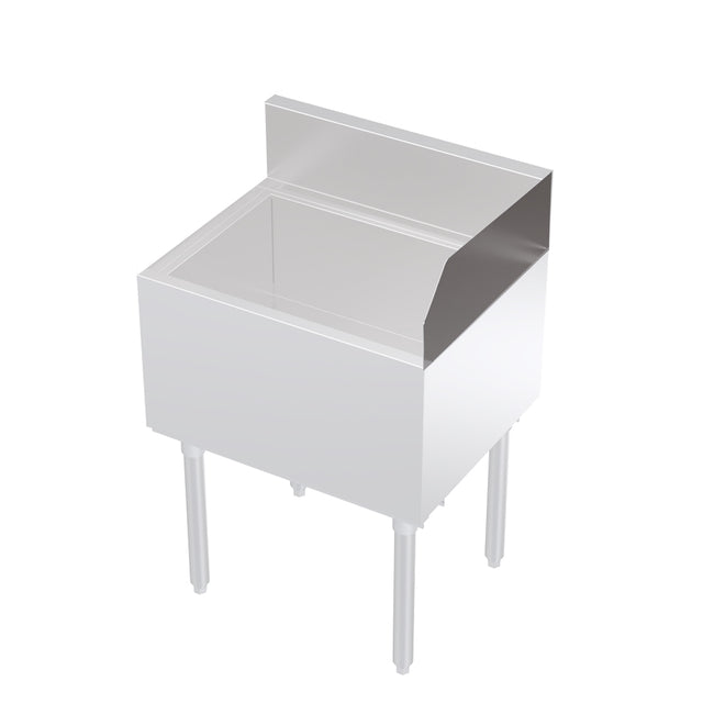 A stainless steel Krowne commercial utility sink, Royal Series Side Splash, features four sturdy legs, a deep rectangular basin, and a high backsplash. This freestanding sink offers a minimalist design with clean, reflective surfaces for industrial or kitchen use.