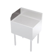 A stainless steel Krowne KR-311 commercial sink from the Royal Series Side Splash line features four legs, a deep rectangular basin, and a high backsplash on two sides. Its industrial, utilitarian design is ideal for kitchen or utility use.