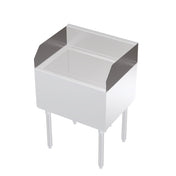 A stainless steel Krowne KR24 Series commercial ice bin with four tubular legs and Royal Series Side Splash guards, open at the front and top. The rectangular bin is ideal for bar or restaurant use, set against a white background.