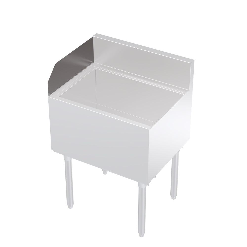 A Krowne KR24 series stainless steel sink with an open rectangular basin, short backsplash, and four cylindrical legs. Featuring clean, sharp edges and a simple, industrial design, it is photographed against a plain white background.