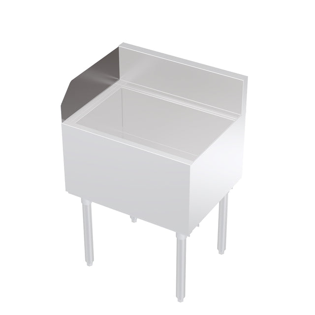 A Krowne KR24 series stainless steel sink with an open rectangular basin, short backsplash, and four cylindrical legs. Featuring clean, sharp edges and a simple, industrial design, it is photographed against a plain white background.