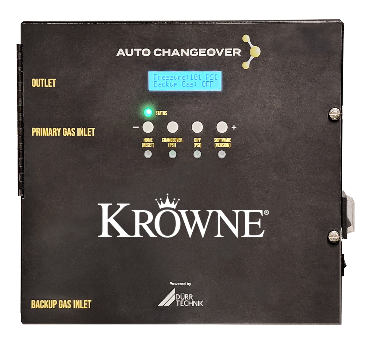 A black Krowne KR-ACO Gas Auto-change over unit featuring a digital display reads “Pressure: 101 PSI, Backup Gas: OFF.” Labeled connections for Outlet, Primary Gas Inlet, and Backup Gas Inlet accompany intuitive buttons and indicator lights.