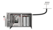 A stainless steel kegerator with open doors reveals two metal beer kegs, a Krowne Condensate Pump, various cables, and a connected CO2 tank on the left. A thick black hose runs to a countertop beer tap tower with four tap handles on the right.