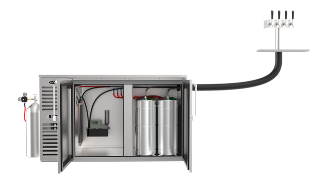 A stainless steel kegerator with open doors reveals two metal beer kegs, a Krowne Condensate Pump, various cables, and a connected CO2 tank on the left. A thick black hose runs to a countertop beer tap tower with four tap handles on the right.