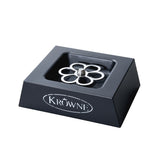 A black square Countertop Liquid CO2 Glass Chiller with a stainless steel spray nozzle in a flower pattern at the center. The brand “Krowne” appears on the front in white letters inside an oval. The glass chiller is empty and clean.