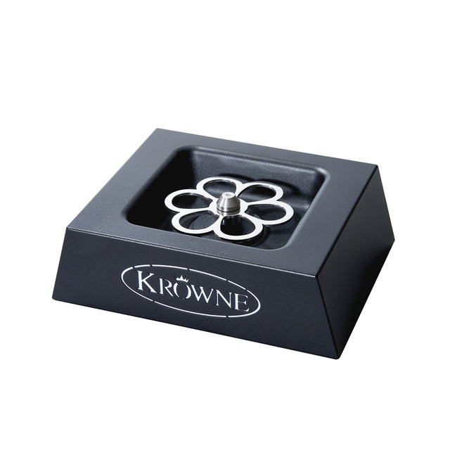 A black square Countertop Liquid CO2 Glass Chiller with a stainless steel spray nozzle in a flower pattern at the center. The brand “Krowne” appears on the front in white letters inside an oval. The glass chiller is empty and clean.