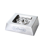 A stainless steel countertop glass rinser with a sloped square base, featuring the Krowne logo and a central star-shaped spray nozzle for rinsing glasses. Pair with a CO2 glass chiller for spotless, chilled glasses in any bar or kitchen setting.