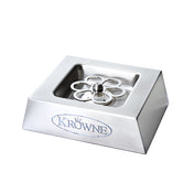 A stainless steel countertop glass rinser with a sloped square base, featuring the Krowne logo and a central star-shaped spray nozzle for rinsing glasses. Pair with a CO2 glass chiller for spotless, chilled glasses in any bar or kitchen setting.