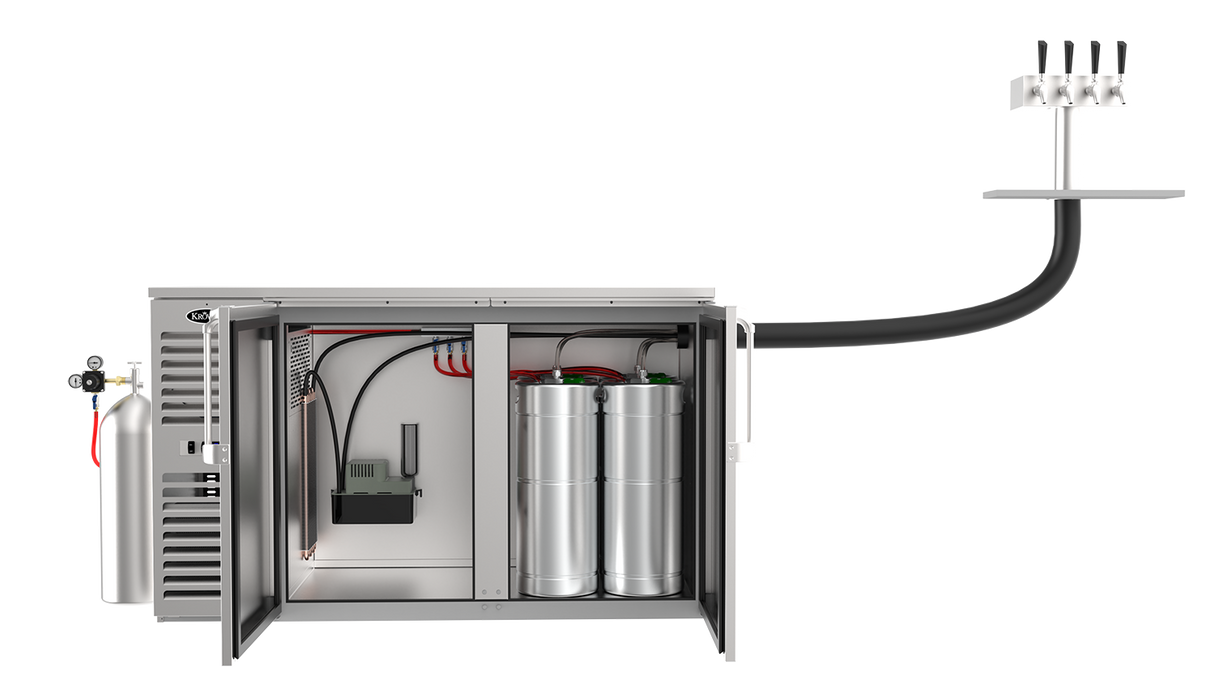 A stainless steel Krowne kegerator with open double doors reveals two large beer kegs, CO2 canister, connecting hoses, and control unit inside. A thick hose from the Mini Chill System leads to a draft beer tower with four taps on the right side. White background.