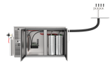 A stainless steel Krowne kegerator with open double doors reveals two large beer kegs, CO2 canister, connecting hoses, and control unit inside. A thick hose from the Mini Chill System leads to a draft beer tower with four taps on the right side. White background.