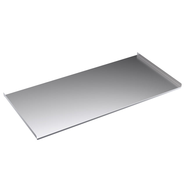 A rectangular stainless steel tray with a smooth, shiny surface and slightly raised edges on two sides. Featuring a reflective metallic finish, it’s perfect for use in commercial kitchens or alongside products like the 42" storage cabinet.
