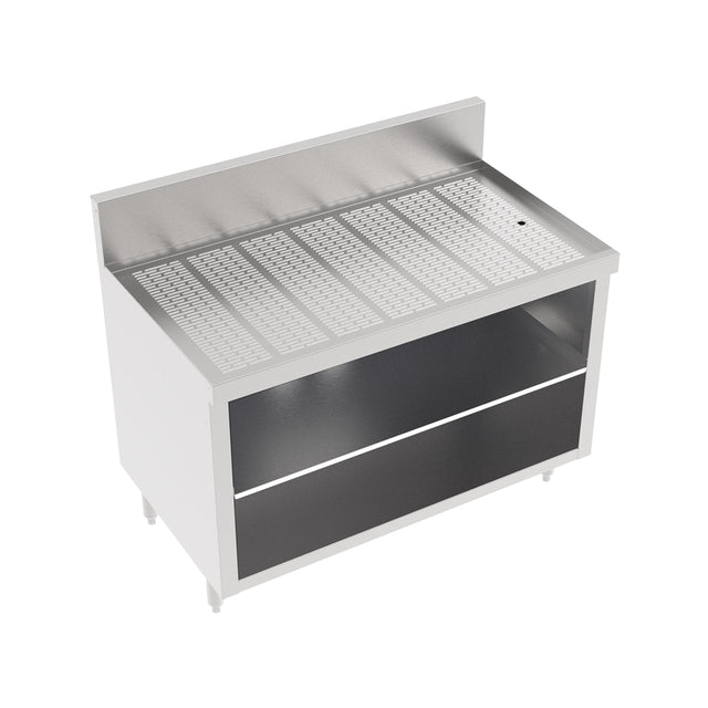 A stainless steel commercial kitchen counter with a perforated work surface, raised rear backsplash, and open cabinet base shelf for storage. With four sturdy legs and a clean, modern design, it’s ideal for food preparation or service.
