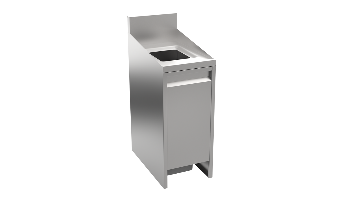 A sleek and modern stainless steel trash station with a slanted top, built-in waste opening, and front access door for easy removal. Perfect for public spaces, this commercial receptacle stands out against a plain white background.