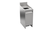 A sleek and modern stainless steel trash station with a slanted top, built-in waste opening, and front access door for easy removal. Perfect for public spaces, this commercial receptacle stands out against a plain white background.