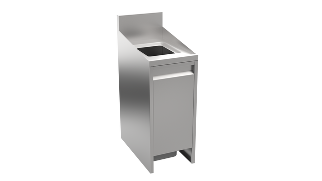 A sleek and modern stainless steel trash station with a slanted top, built-in waste opening, and front access door for easy removal. Perfect for public spaces, this commercial receptacle stands out against a plain white background.