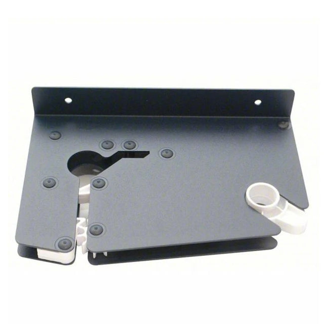 A black rectangular metal bracket from KSEALER, featuring a vertical mounting plate, multiple screws, a circular cutout, and a white plastic tube attached to a corner—ideal as a tape sealer component or for Scotsman equipment.