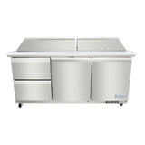 A stainless steel Empura refrigeration unit featuring two top compartments and three lower sections, including two drawers and a door. This mega top prep table is on wheels for mobility, with the Empura brand name on the lower right corner.
