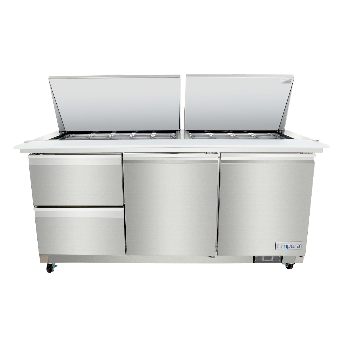 A stainless steel Empura refrigerated sandwich prep table featuring two lifted top lids with food storage pans, two drawers on the left, a single door in the middle, and wheels for easy mobility. The Empura logo is displayed on the lower right front panel.