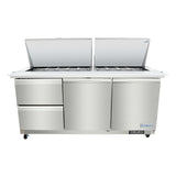 A stainless steel Empura refrigerated sandwich prep table featuring two lifted top lids with food storage pans, two drawers on the left, a single door in the middle, and wheels for easy mobility. The Empura logo is displayed on the lower right front panel.