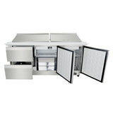 A commercial stainless steel mega top prep table with two drawers on the left and two open doors on the right, revealing insulated storage compartments. The top has dual lids, ideal for easy access to ingredients or food prep bins.