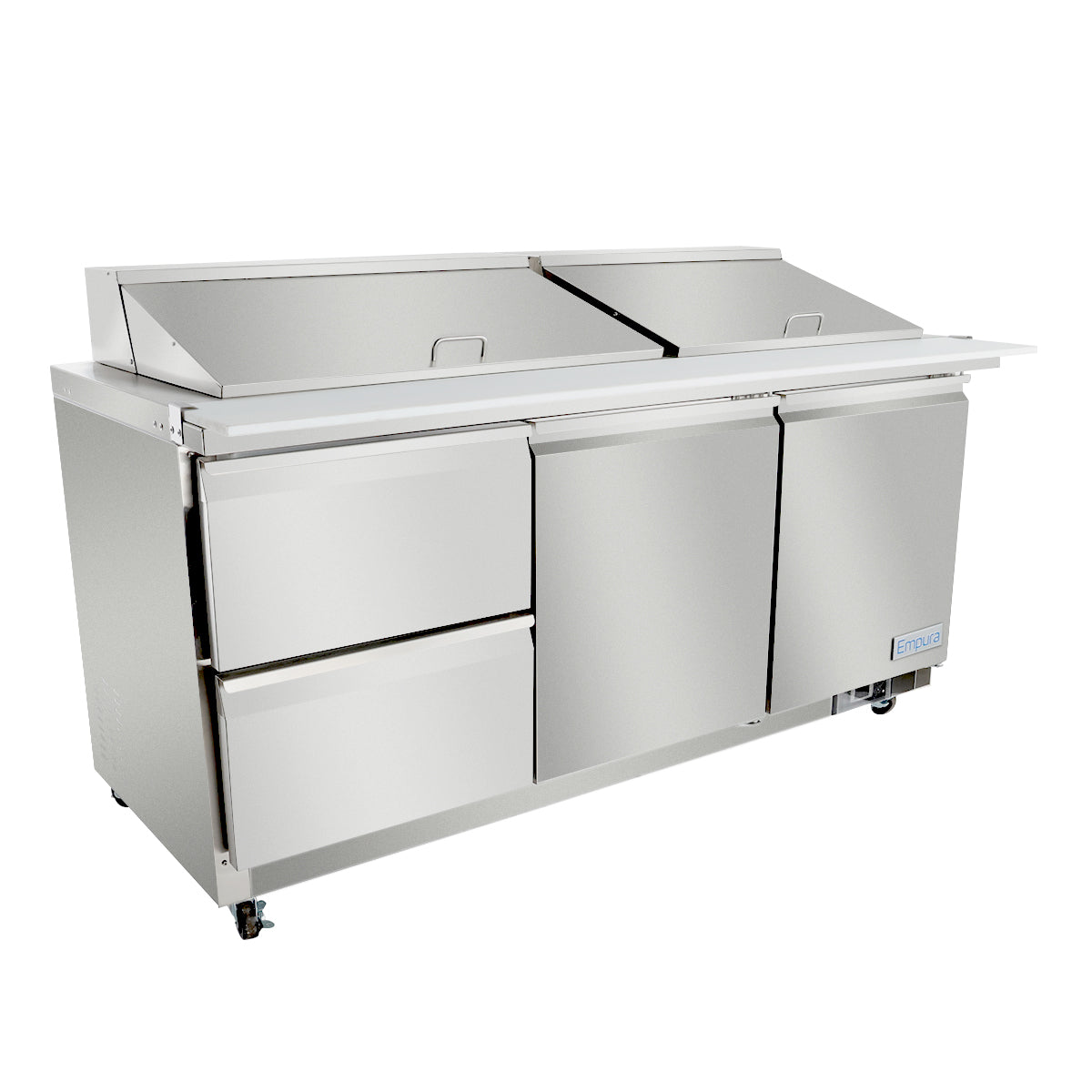 A large commercial stainless steel mega top prep table with two lidded compartments, two drawers on the left, two swing doors on the right, and small wheels; ideal for restaurant kitchens and food prep tasks with reliable Empura refrigeration.