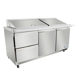 A large commercial stainless steel mega top prep table with two lidded compartments, two drawers on the left, two swing doors on the right, and small wheels; ideal for restaurant kitchens and food prep tasks with reliable Empura refrigeration.
