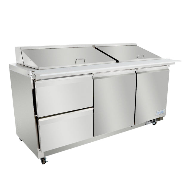 A large commercial stainless steel mega top prep table with two lidded compartments, two drawers on the left, two swing doors on the right, and small wheels; ideal for restaurant kitchens and food prep tasks with reliable Empura refrigeration.