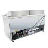 A stainless steel Empura refrigeration commercial refrigerator, designed as a mega top prep table, with its lower front panel open to reveal internal cooling components and wires. The unit features four wheels and a raised back section, set against a white background.