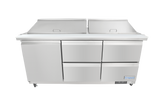 A stainless steel Empura refrigerated sandwich prep table with two top lids, four doors below, and the Empura logo on the bottom right; it features wheels for mobility and a clean industrial design, set against a plain white background.