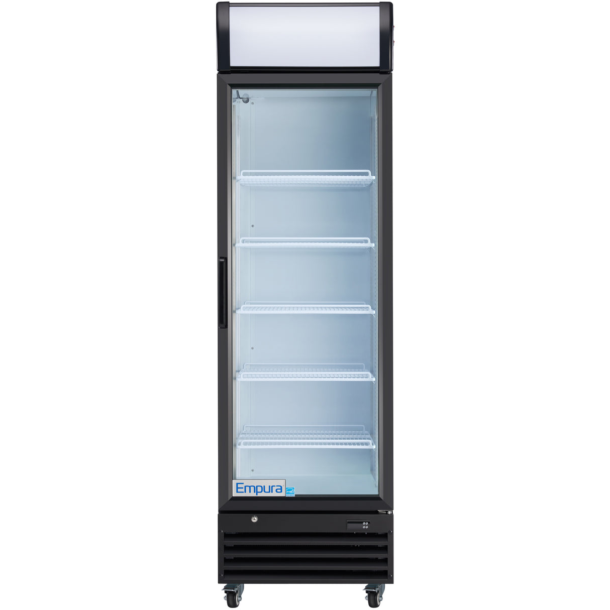A black, single-door Empura Refrigeration display refrigerator with a clear glass front, four white wire shelves, and wheels. This Glass Door Cooler features a blank illuminated sign panel on top and the Empura brand near the bottom of the door.