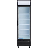 A black, single-door Empura Refrigeration display refrigerator with a clear glass front, four white wire shelves, and wheels. This Glass Door Cooler features a blank illuminated sign panel on top and the Empura brand near the bottom of the door.