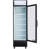 A tall, black Empura Refrigeration commercial display refrigerator with a right-hinged glass door. This refrigerated merchandiser features four wire shelves, a lit white interior, wheels for mobility, and a vented base for air circulation.