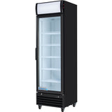 A tall, black Empura Refrigeration single-door glass door refrigerator features a white interior, four adjustable wire shelves, and wheels. Its top has a lit panel for signage, making this refrigerated merchandiser perfect for commercial displays.