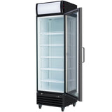 A tall, black Empura Refrigeration glass door refrigerator on wheels with a right-swing door. This refrigerated merchandiser features five adjustable white wire shelves, an illuminated interior, and a blank top sign panel for easy labeling.