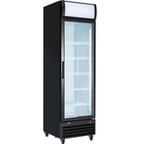 A tall, black Empura Refrigeration glass door refrigerator on wheels features five adjustable white wire shelves. The curved top signage and vented bottom panel with the Empura label make this refrigerated merchandiser ideal for any retail space.