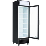 A tall, black Empura Refrigeration glass door refrigerator with caster wheels features a right-opening glass door. The interior includes six empty white wire shelves and bright lighting, while a blank curved sign panel sits atop this refrigerated merchandiser.