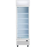 A tall, single-door commercial refrigerated merchandiser with a glass front, white frame, and four wire shelves. The Empura EGM-13W features wheels, a bottom vent and digital display, and the Empura brand label near the base.