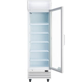A tall, white Empura EGM-13W commercial refrigerated merchandiser with a glass door is open, revealing five empty wire shelves. The unit stands on four black wheels and features a vent panel at the bottom. The interior is brightly lit and clean.