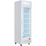 A white, upright Empura EGM-13W commercial refrigerated merchandiser with a clear glass door, five adjustable interior shelves, interior lighting, vented bottom panel, lit display on top, wheels for mobility, and “Empura” branding near the bottom.