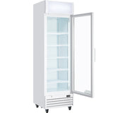 A tall, white commercial refrigerated merchandiser with a transparent glass door open to the right reveals five empty wire shelves inside. The fridge features a vented section at the bottom, a right-side handle, and caster wheels for easy mobility.