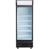A commercial Empura EGM-23B refrigerated merchandiser with a black frame, white interior, four wire shelves, and a lit display panel. The fridge is empty, on wheels, ideal for commercial food storage, with the "Empura" brand at the bottom left.